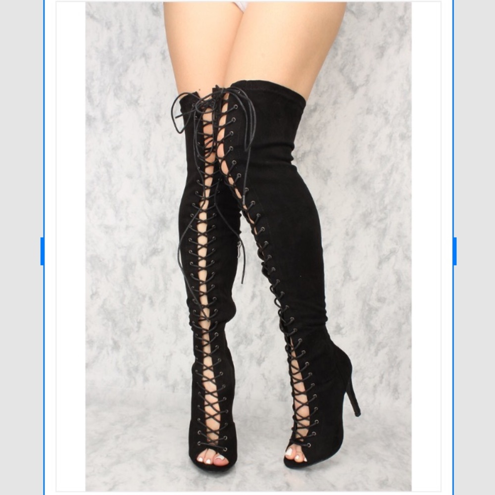 SEXY LACE UP OPEN TOE THIGH HIGH BOOTS